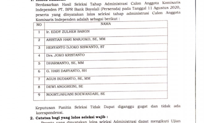 HASIL SELEKSI ADMINSTRASI  CALON ANGGOTA KOMISARIS INDEPENDEN PT. BPR BANK BOYOLALI  ( PERSERODA ) KABUPATEN BOYOLALI